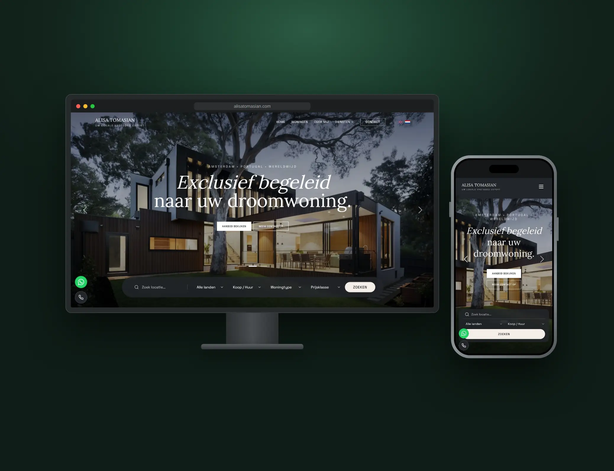 De website van AT Real Estate op een monitor en een telefoon