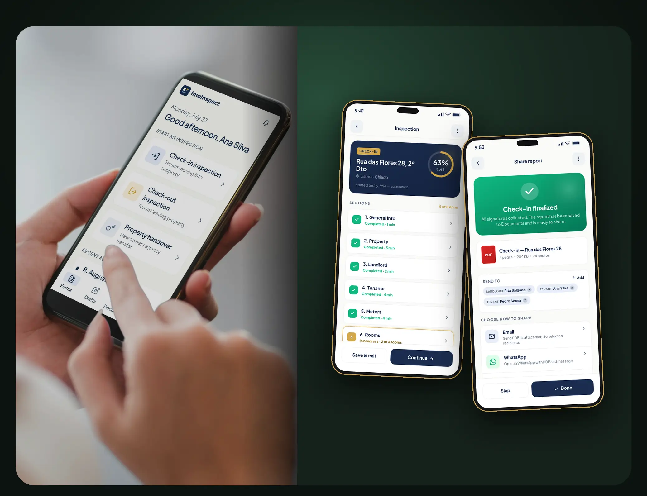 De ImoInspect-app op drie telefoonschermen